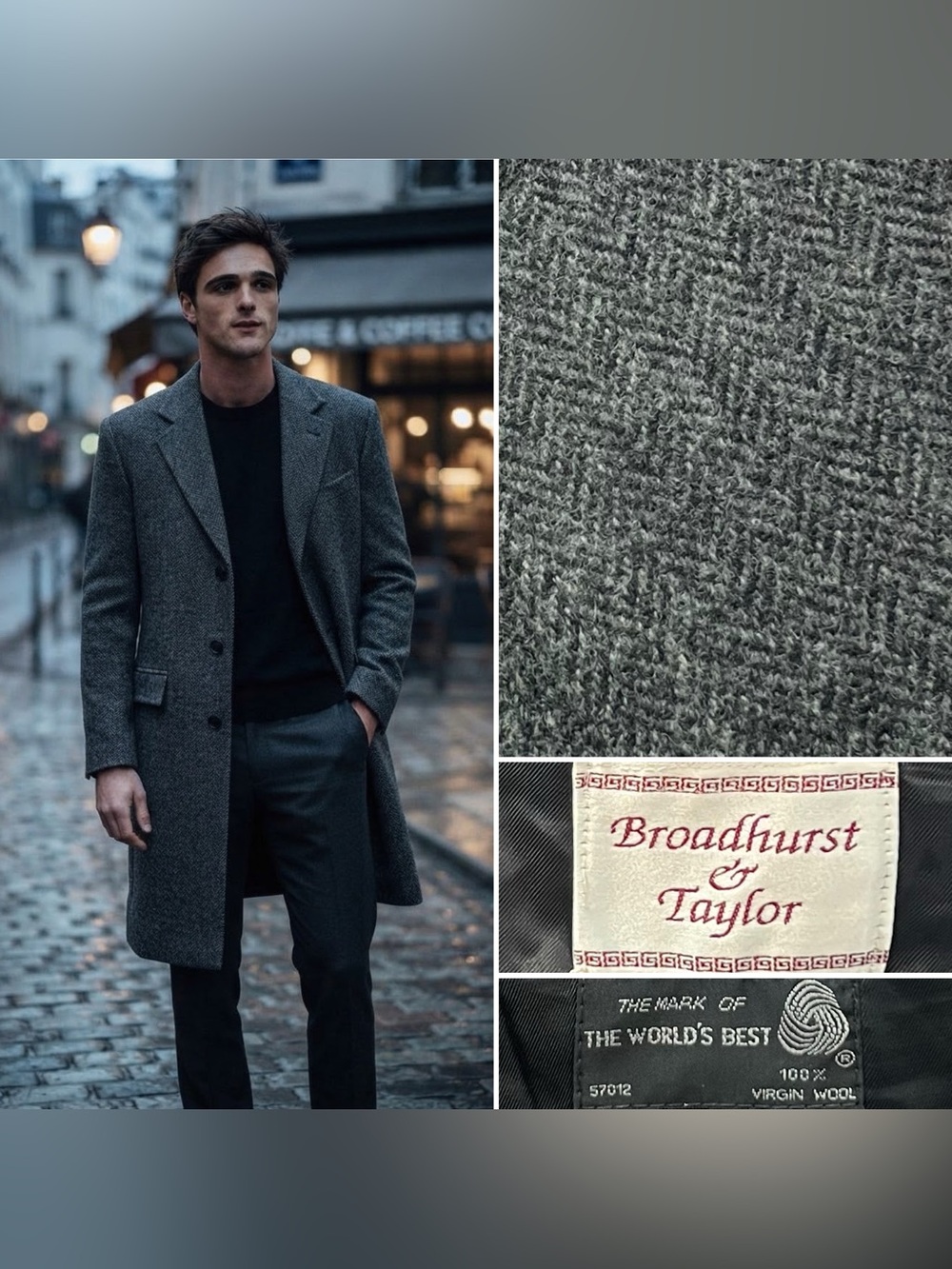 Vintage Men’s 42R Gray Herringbone Tweed Wool Broadhurst & Taylor Overcoat Coat
